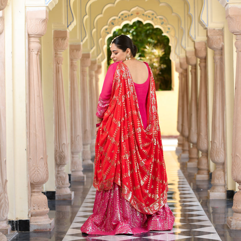 Glitz Pink & Red Sequin Embroidered Anarkali Dress