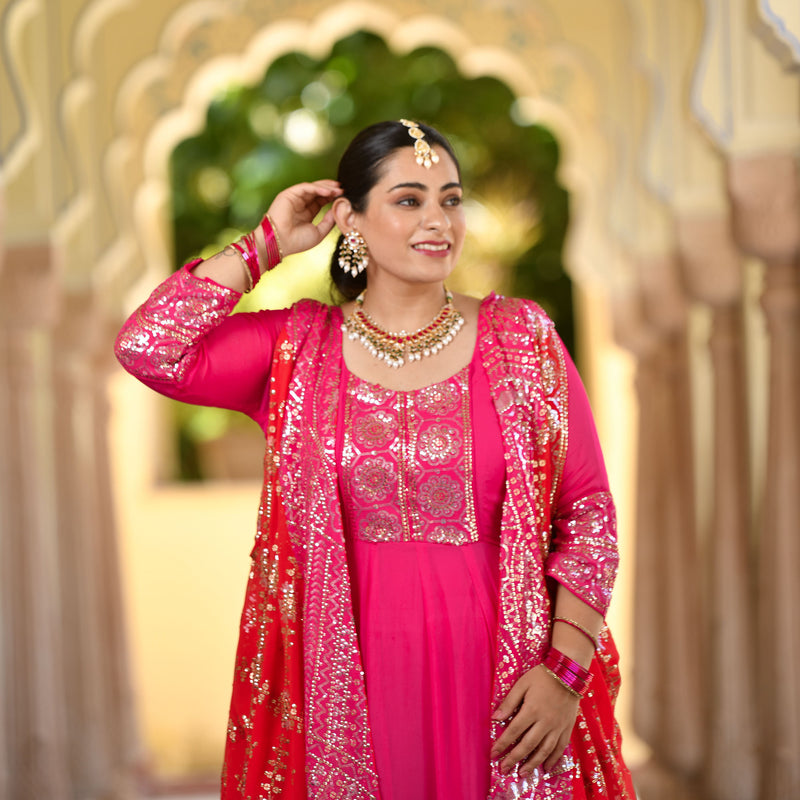 Glitz Pink & Red Sequin Embroidered Anarkali Dress
