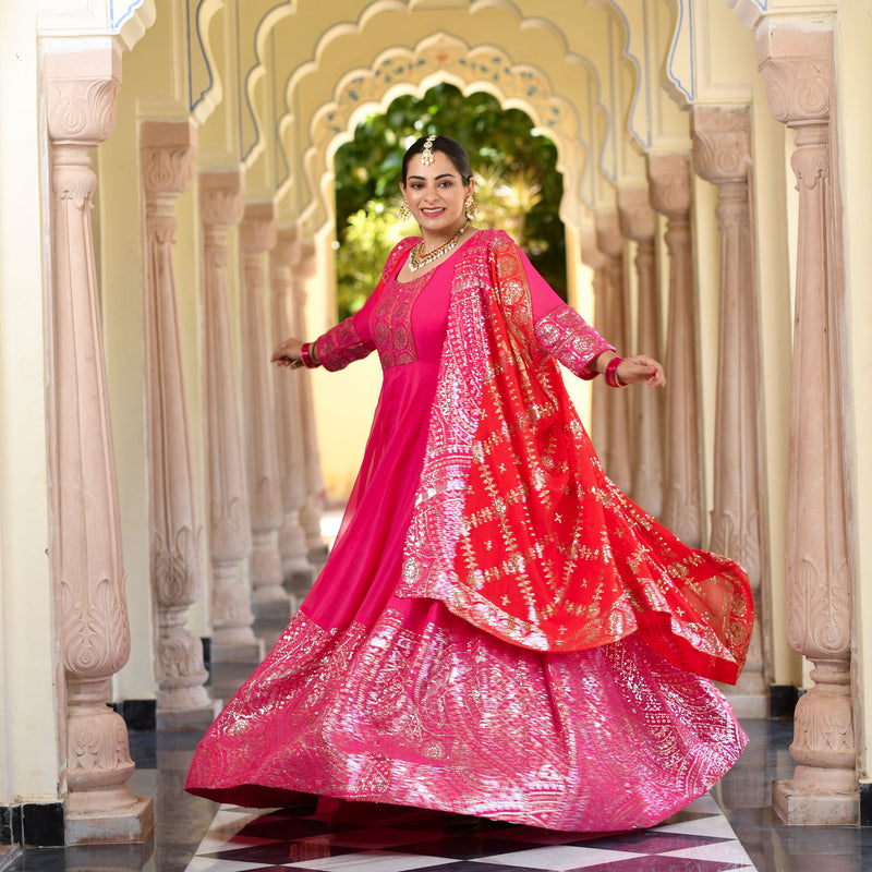 Glitz Pink & Red Sequin Embroidered Anarkali Dress