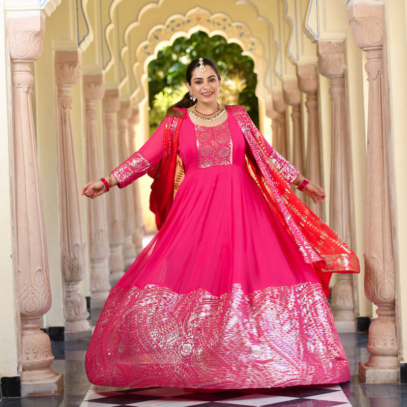 Glitz Pink & Red Sequin Embroidered Anarkali Dress