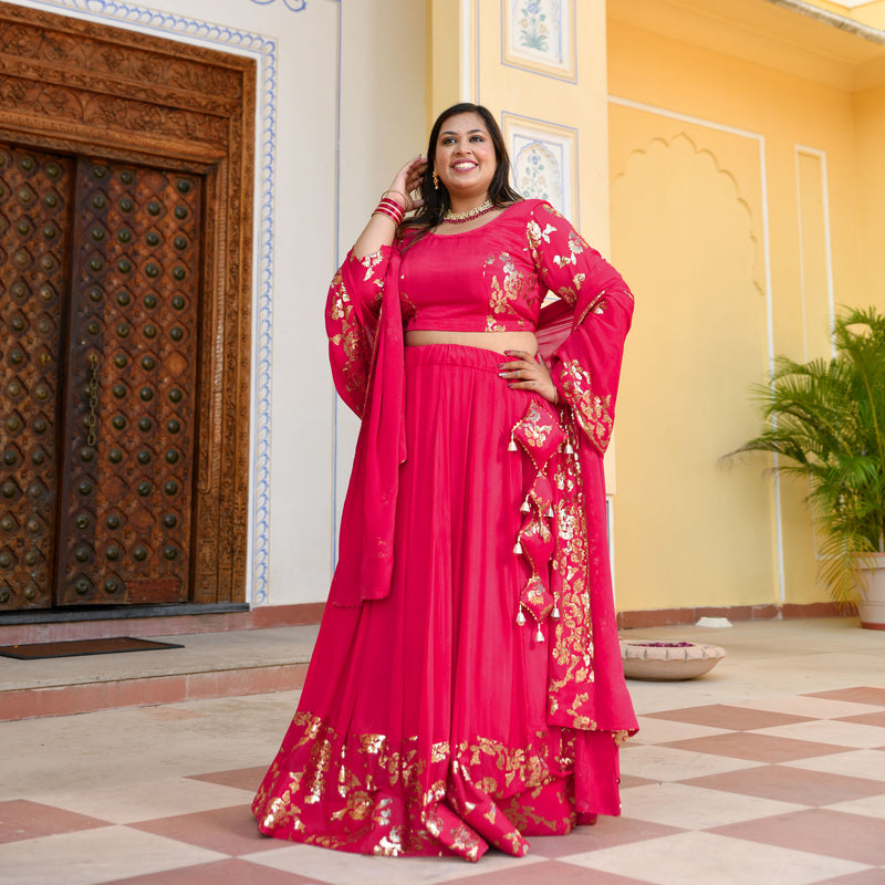 Hot Pink Sequin Chinon Lehenga Set