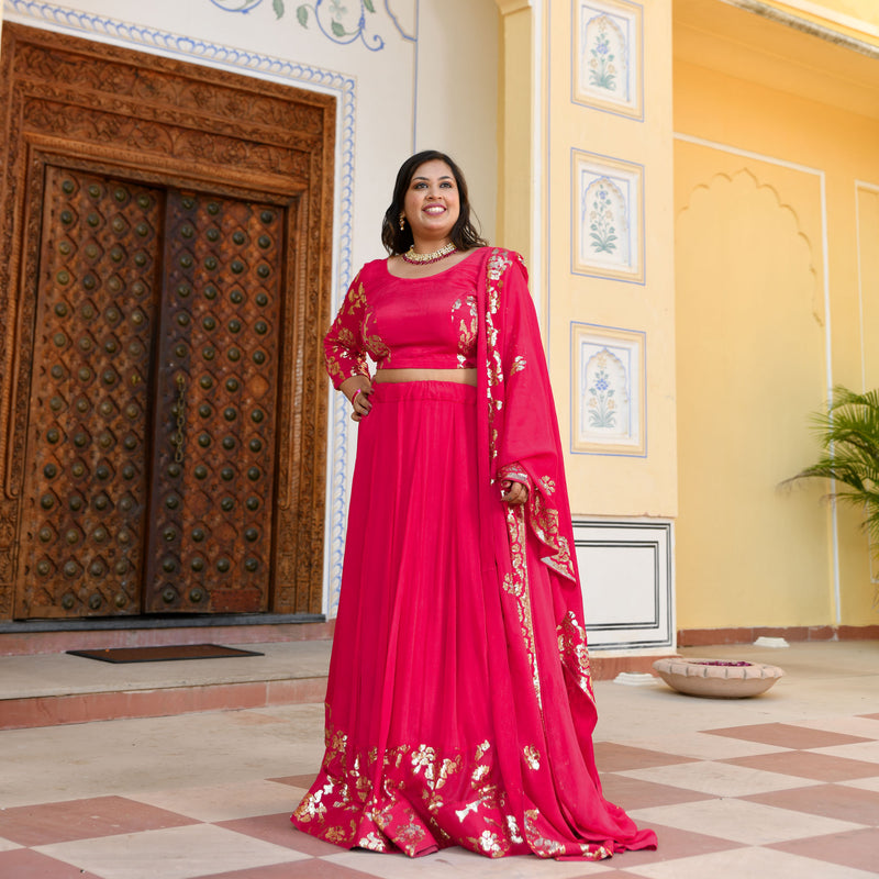 Hot Pink Sequin Chinon Lehenga Set