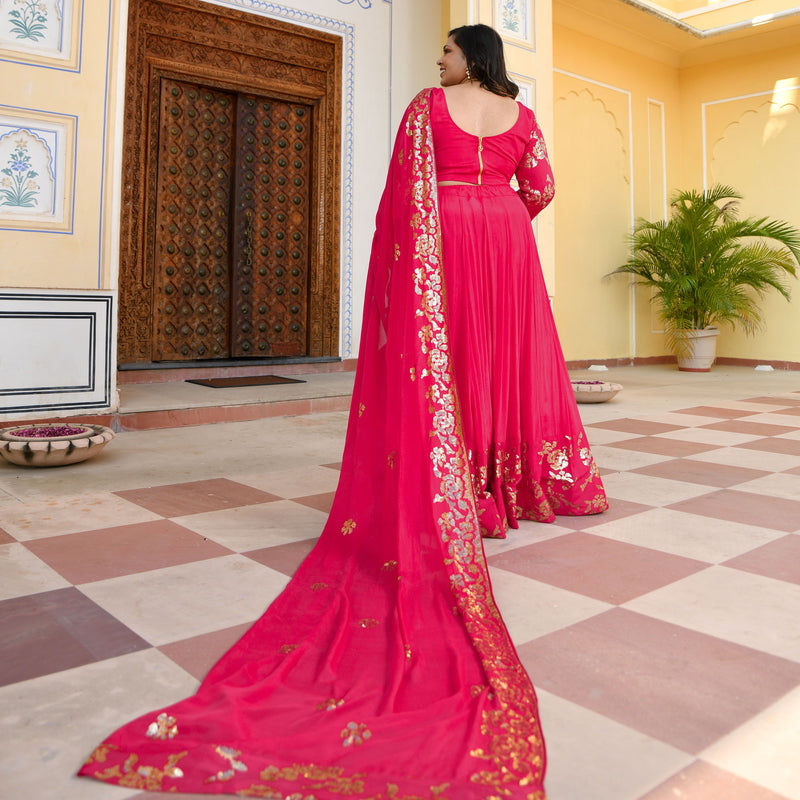 Hot Pink Sequin Chinon Lehenga Set