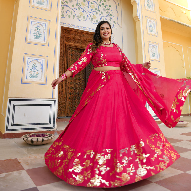 Hot Pink Sequin Chinon Lehenga Set