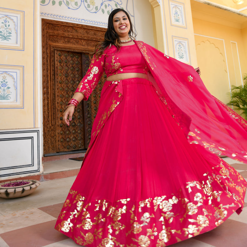 Hot Pink Sequin Chinon Lehenga Set