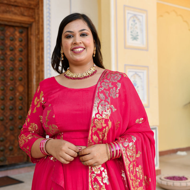Hot Pink Sequin Chinon Lehenga Set