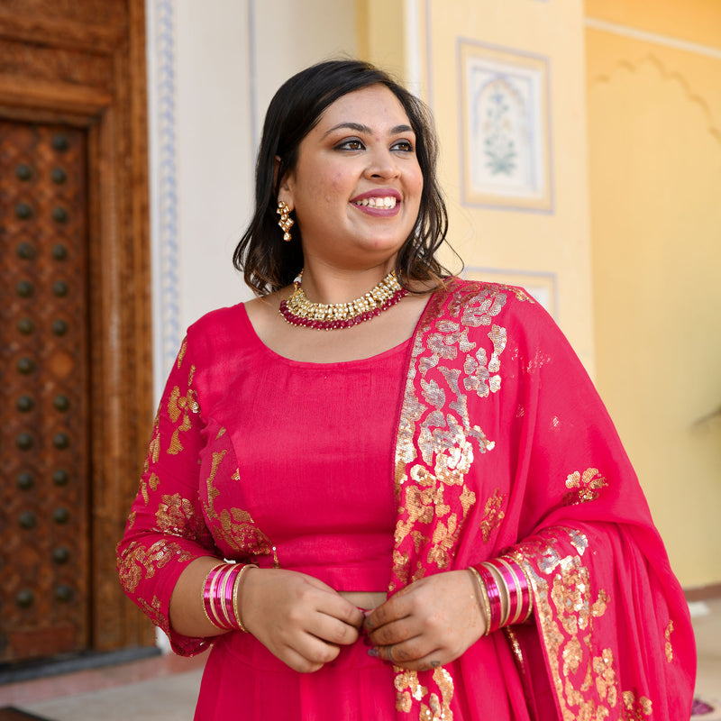 Hot Pink Sequin Chinon Lehenga Set