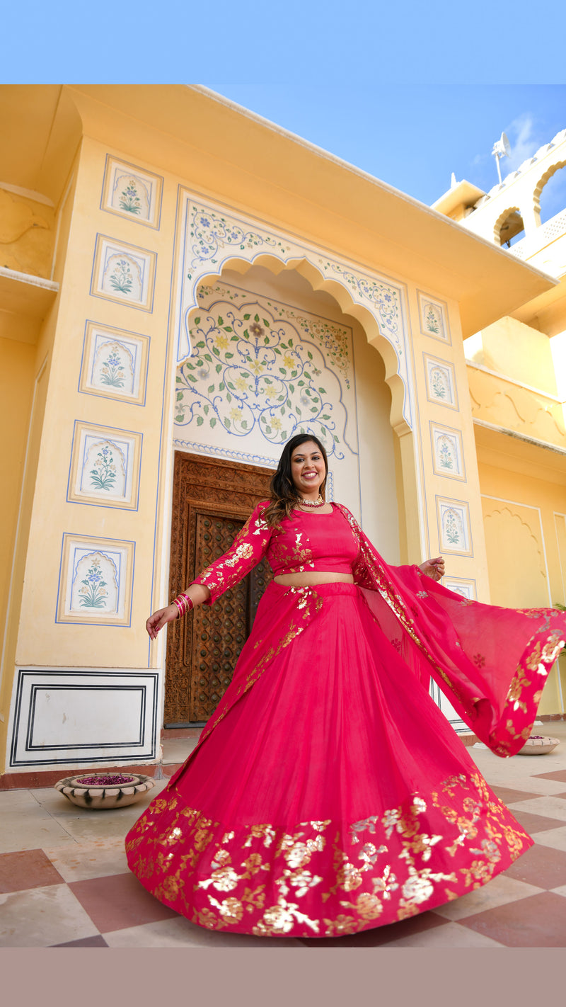 Hot Pink Sequin Chinon Lehenga Set