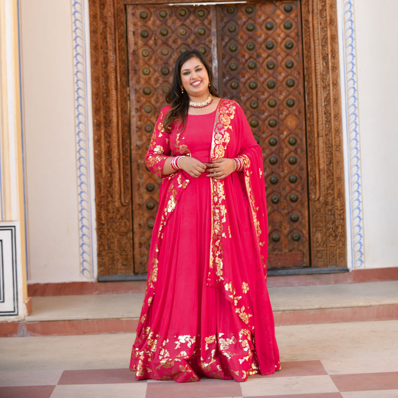 Hot Pink Sequin Chinon Lehenga Set
