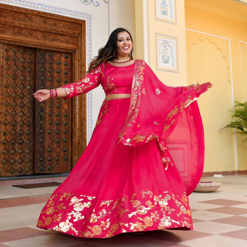 Hot Pink Sequin Chinon Lehenga Set