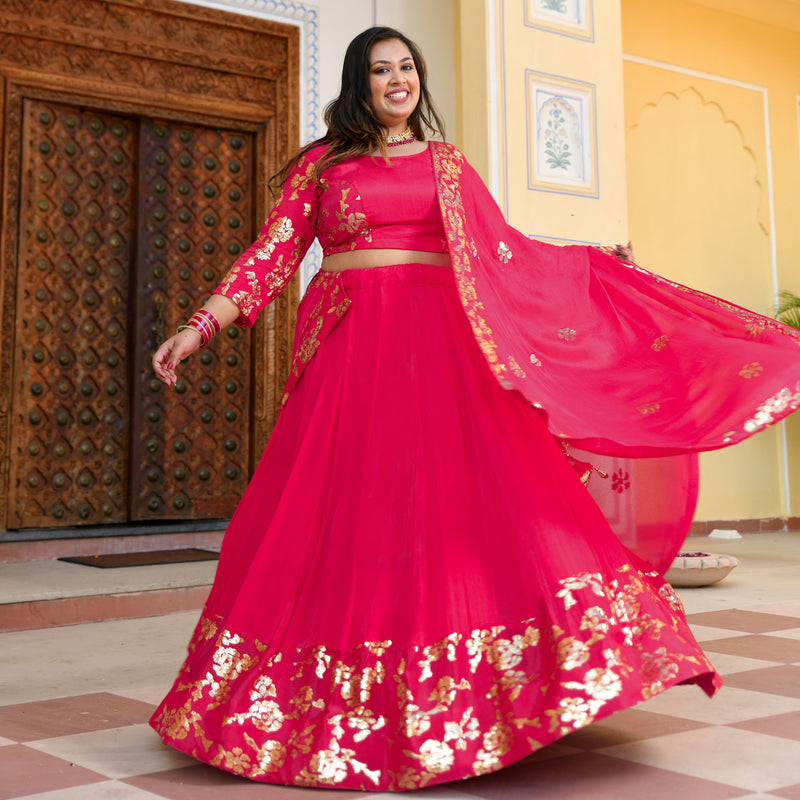 Hot Pink Sequin Chinon Lehenga Set