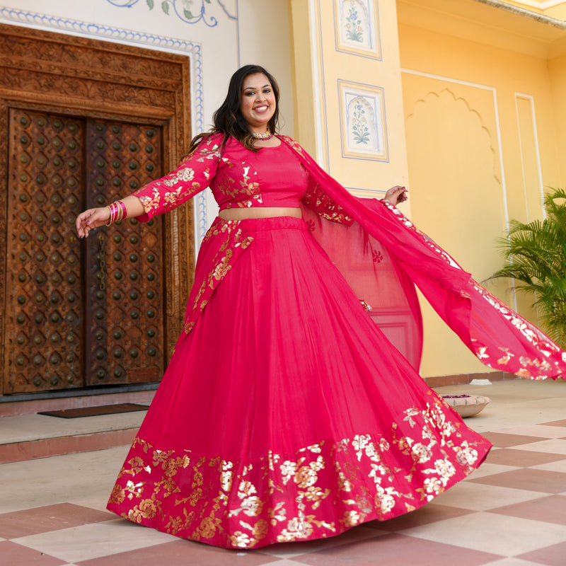 Hot Pink Sequin Chinon Lehenga Set