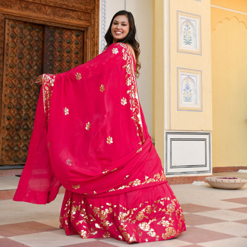 Hot Pink Sequin Chinon Lehenga Set