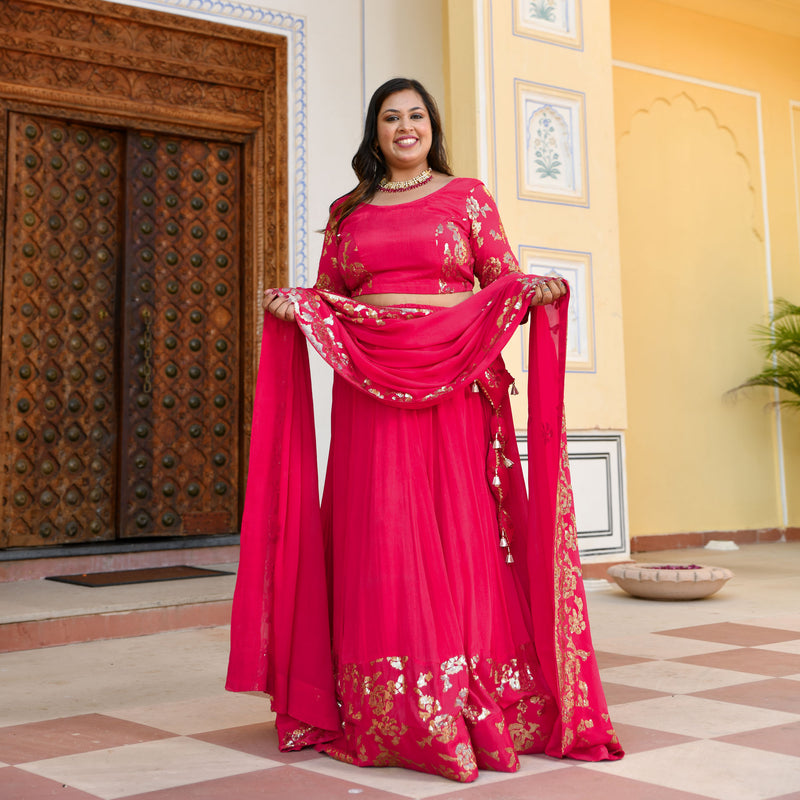 Hot Pink Sequin Chinon Lehenga Set