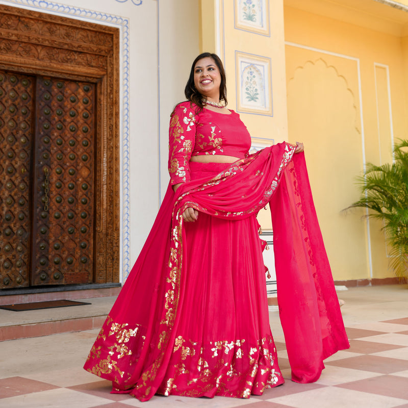 Hot Pink Sequin Chinon Lehenga Set