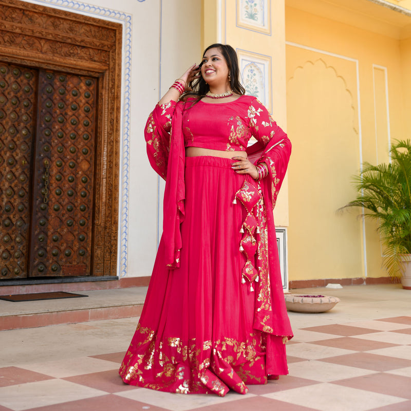 Hot Pink Sequin Chinon Lehenga Set
