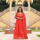 Imperial Red Pure Georgette Embroidered Lehenga Set