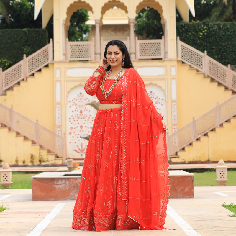 Imperial Red Pure Georgette Embroidered Lehenga Set