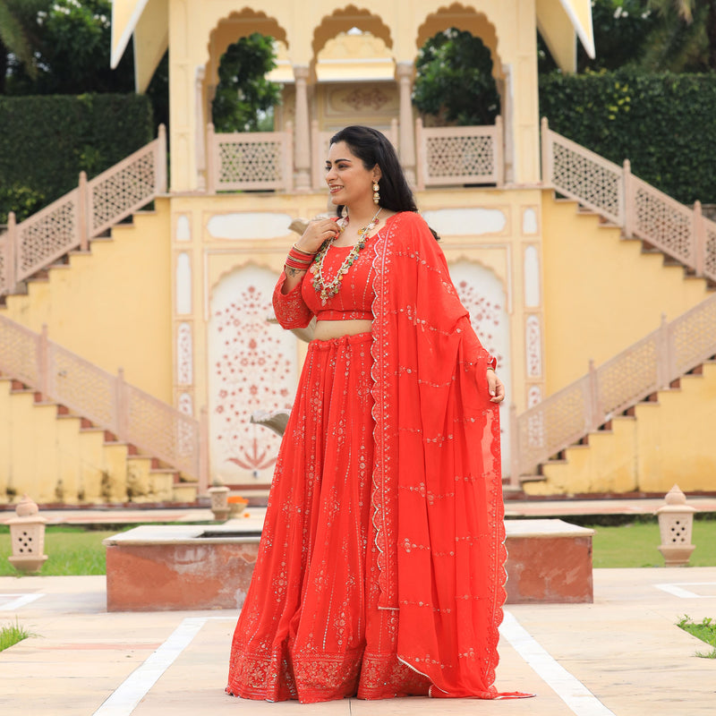 Imperial Red Pure Georgette Embroidered Lehenga Set