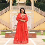 Imperial Red Pure Georgette Embroidered Lehenga Set