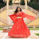 Imperial Red Pure Georgette Embroidered Lehenga Set