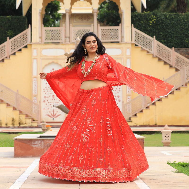 Imperial Red Pure Georgette Embroidered Lehenga Set