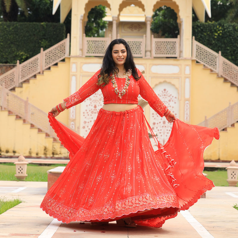 Imperial Red Pure Georgette Embroidered Lehenga Set