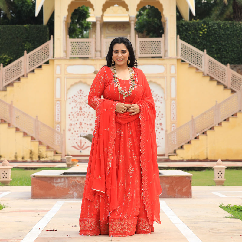 Imperial Red Pure Georgette Embroidered Lehenga Set