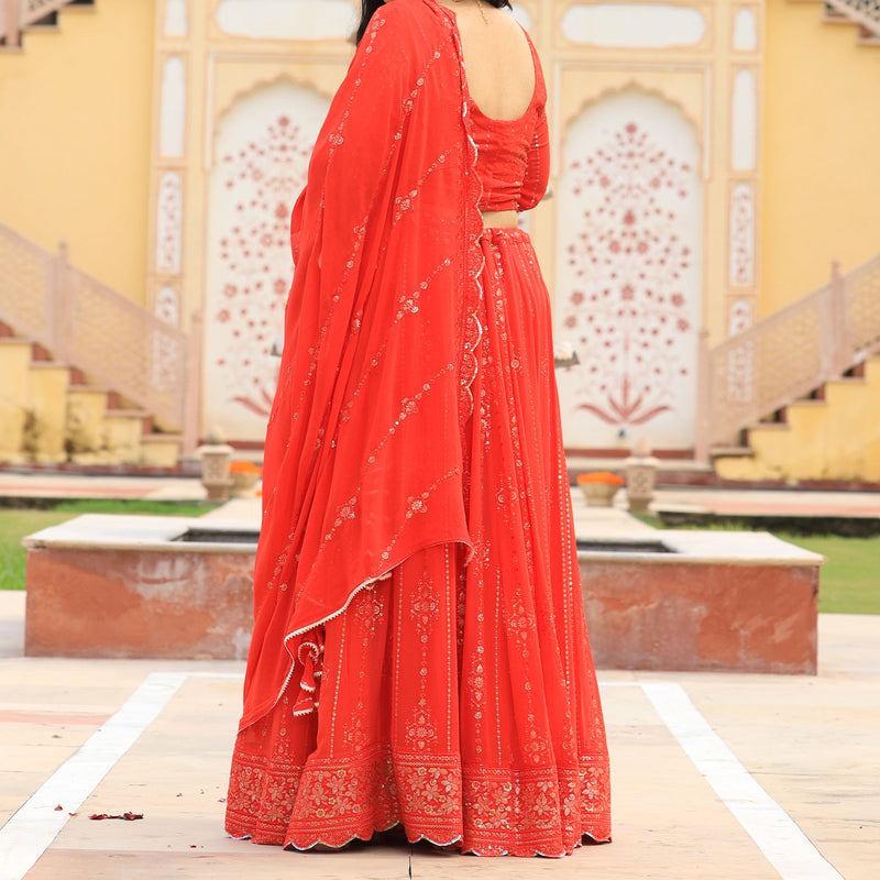 Imperial Red Pure Georgette Embroidered Lehenga Set