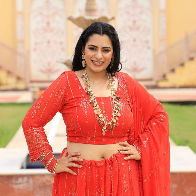 Imperial Red Pure Georgette Embroidered Lehenga Set