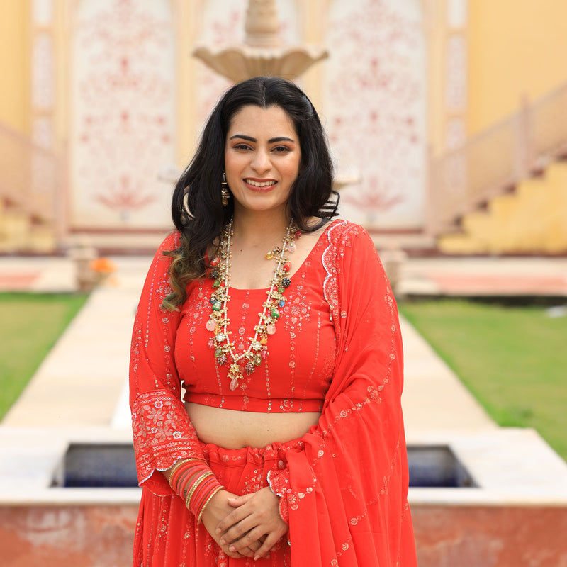 Imperial Red Pure Georgette Embroidered Lehenga Set