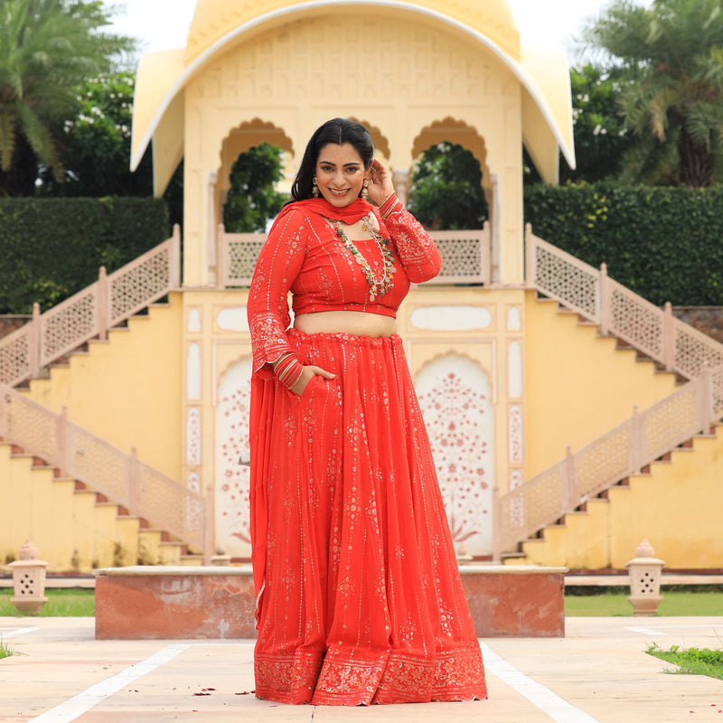 Imperial Red Pure Georgette Embroidered Lehenga Set