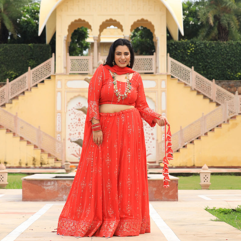 Imperial Red Pure Georgette Embroidered Lehenga Set