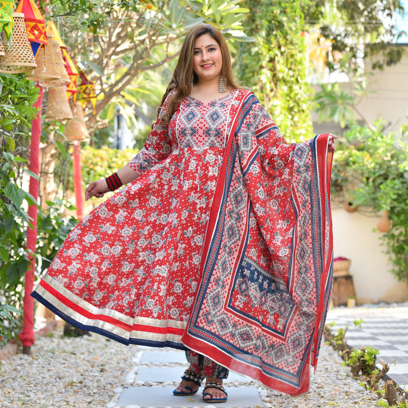 Red Dahlia Floral Cotton Anarkali
