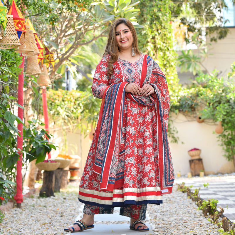 Red Dahlia Floral Cotton Anarkali
