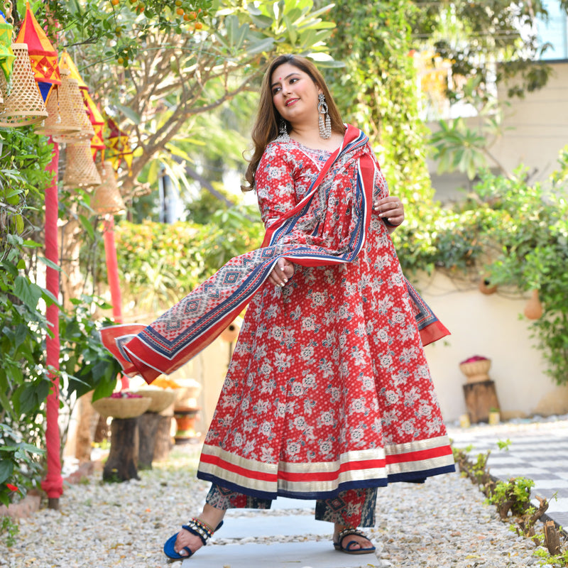 Red Dahlia Floral Cotton Anarkali