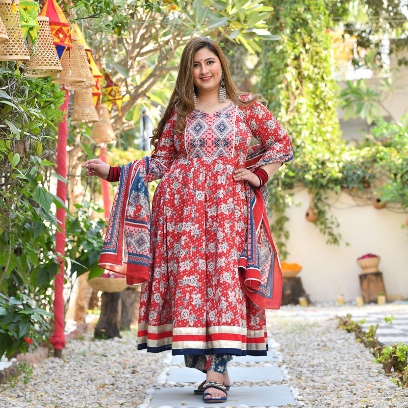 Red Dahlia Floral Cotton Anarkali
