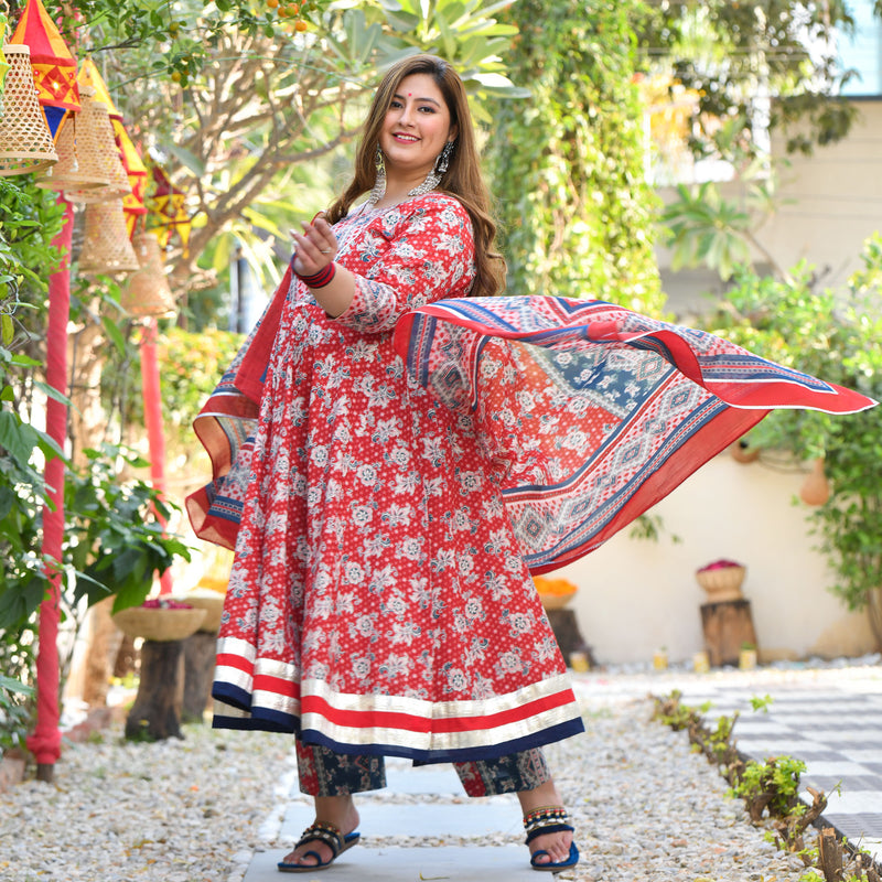 Red Dahlia Floral Cotton Anarkali