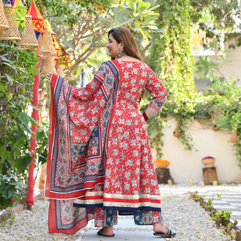 Red Dahlia Floral Cotton Anarkali