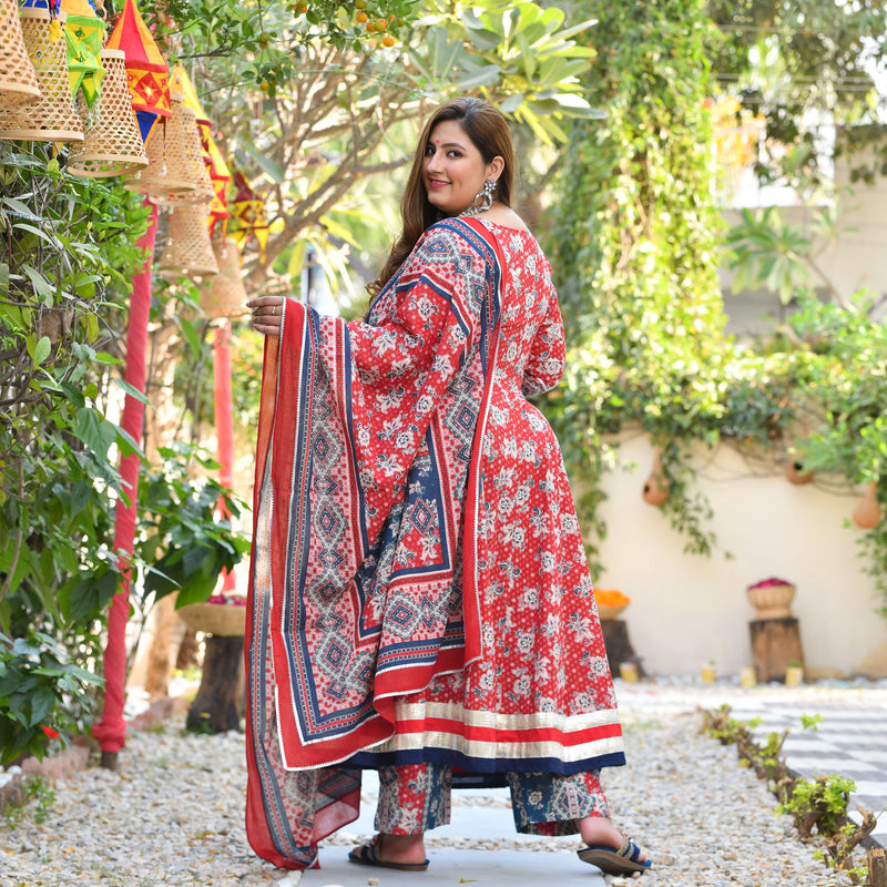 Red Dahlia Floral Cotton Anarkali