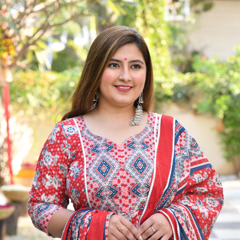 Red Dahlia Floral Cotton Anarkali