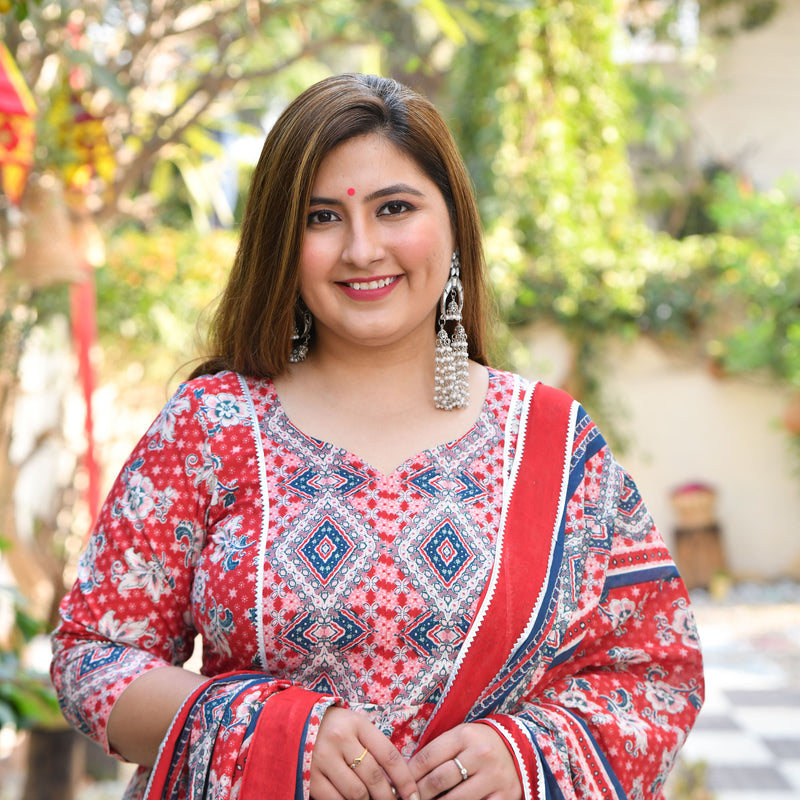 Red Dahlia Floral Cotton Anarkali