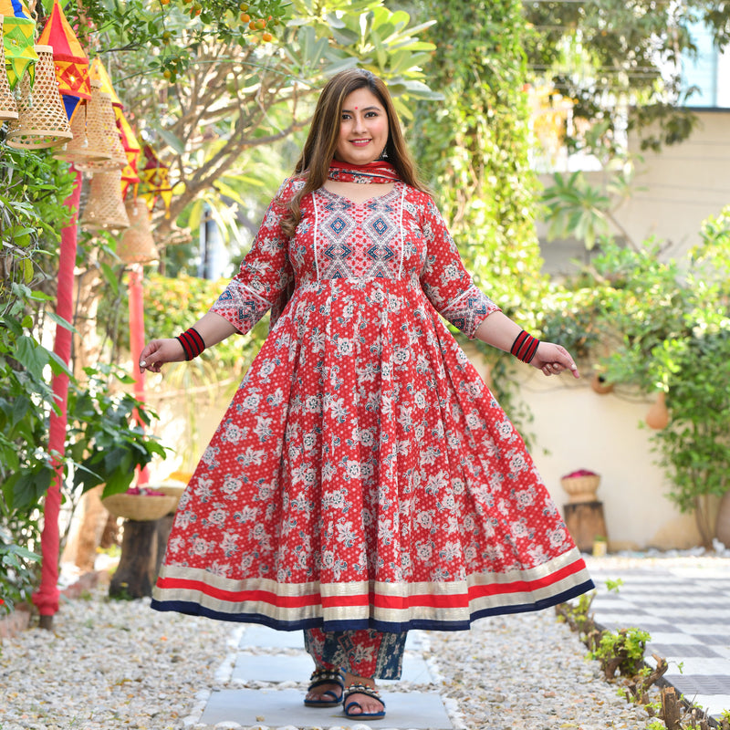 Red Dahlia Floral Cotton Anarkali