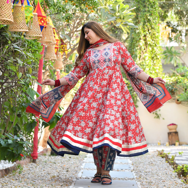 Red Dahlia Floral Cotton Anarkali