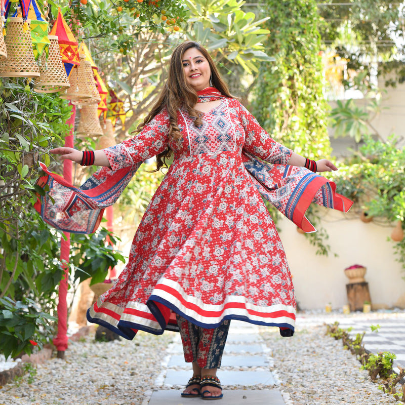 Red Dahlia Floral Cotton Anarkali