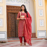 Garnet Red Gota Patti Handblock Chanderi Suit Set