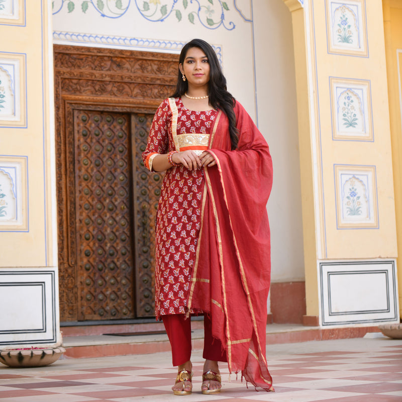 Garnet Red Gota Patti Handblock Chanderi Suit Set