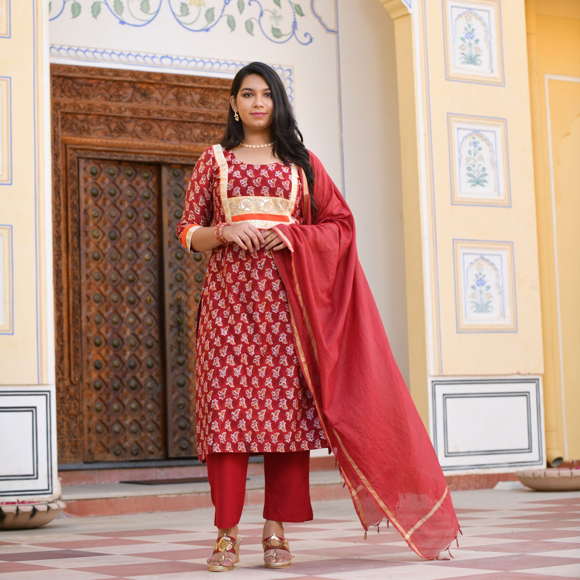 Garnet Red Gota Patti Handblock Chanderi Kurta