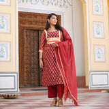 Garnet Red Gota Patti Handblock Chanderi Suit Set