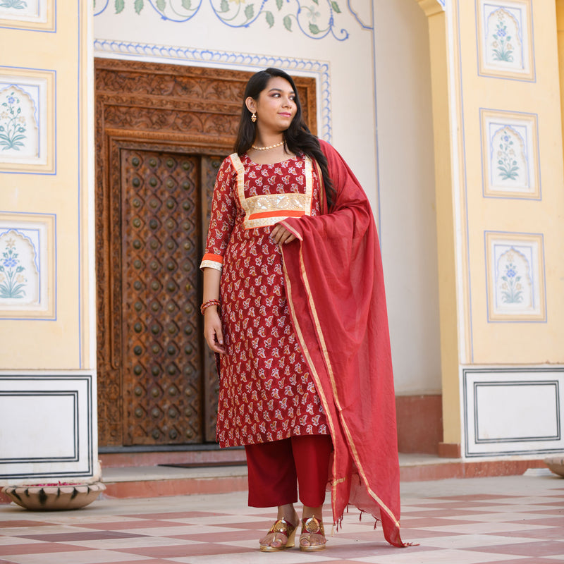 Garnet Red Gota Patti Handblock Chanderi Suit Set
